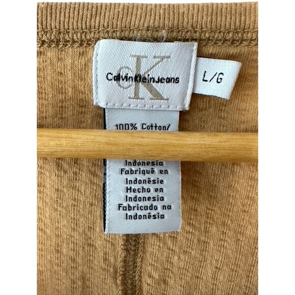 Calvin Klein Y2K Tan Cap Sleeve Ribbed Scoop Neck Top Sz Large Buckle Sleeves - Picture 9 of 10